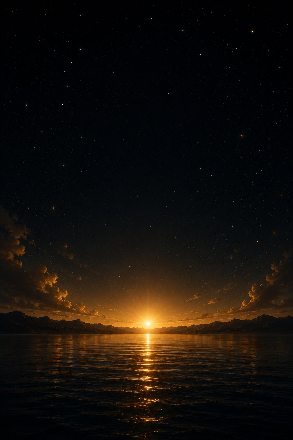 A deep night sky over a golden sunrise on still water.